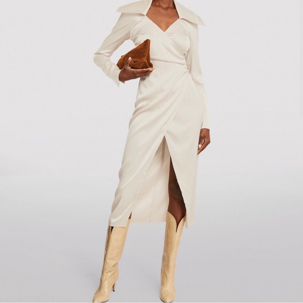 Nanushka Lanza Draped Satin Midi Dress in White with Open Neckline Size S